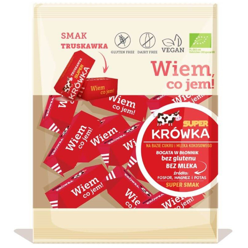 Bezglutenowe krówki bezmleczne o smaku truskawkowym BIO, wegańskie, 150 g, Super Krówka