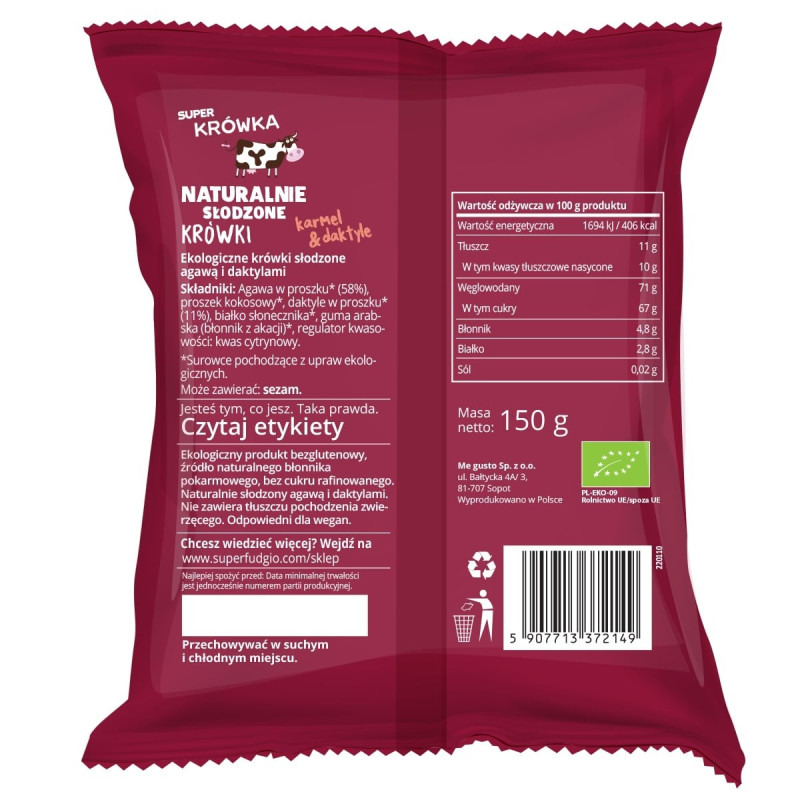 Bezglutenowe, naturalnie słodzone krówki karmel & daktyle, BIO, wegańskie, 150 g, Super Krówka